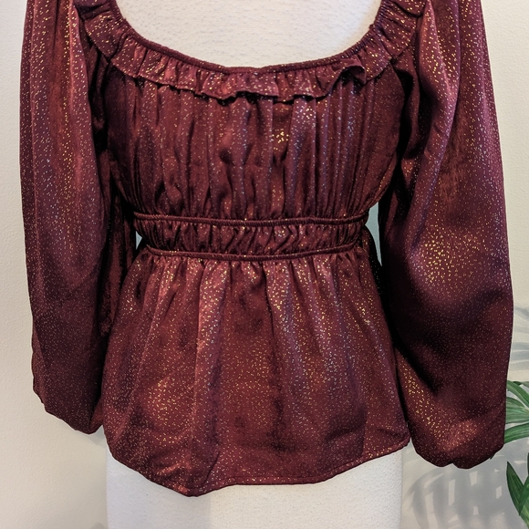 Blu Pepper | Tops | Blu Pepper Wine Metallic Gold Long Sleeve Ruffle ...
